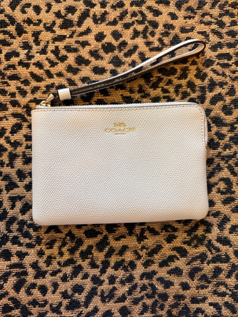 COACH White Leather Wristlet with Leopard Strap Accent